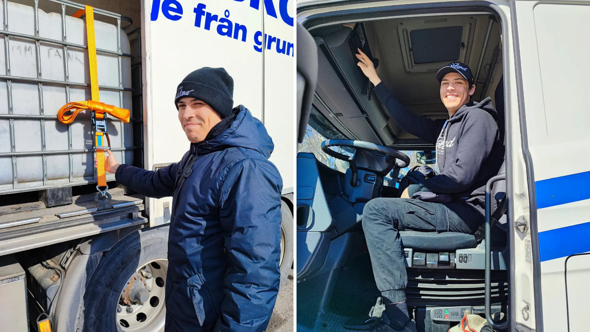 Yrkesförare deltagare Till vänster står en man framför en lastbil klädd i svart mössa och mörkblå jacka. Mannen ler mot kameran. Till vänster sitter en man bakom ratten i en lastbil. Med högra armen trycker han på en knapp i taket. Han tittar mot kameran och ler.