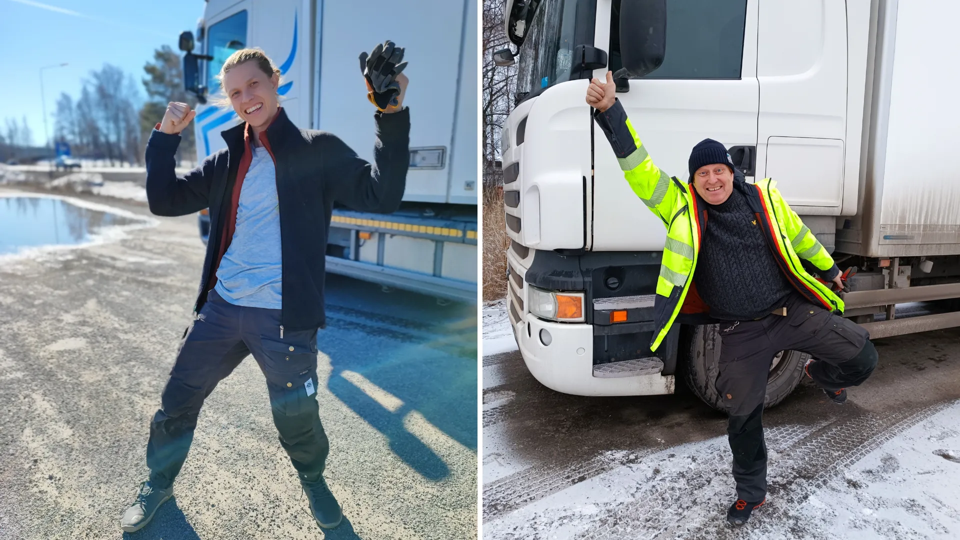 Yrkesförare körkort två män står framför två lastbilar och gör en segergest med armarna högt i luften och händerna knutna